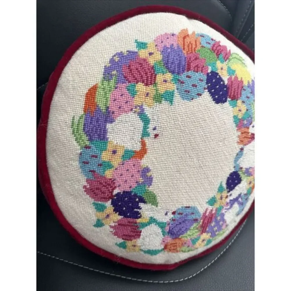 Vintage Embroidered Linen Pillow Antique Floral Dalias Poppies Art Nouveau Needl